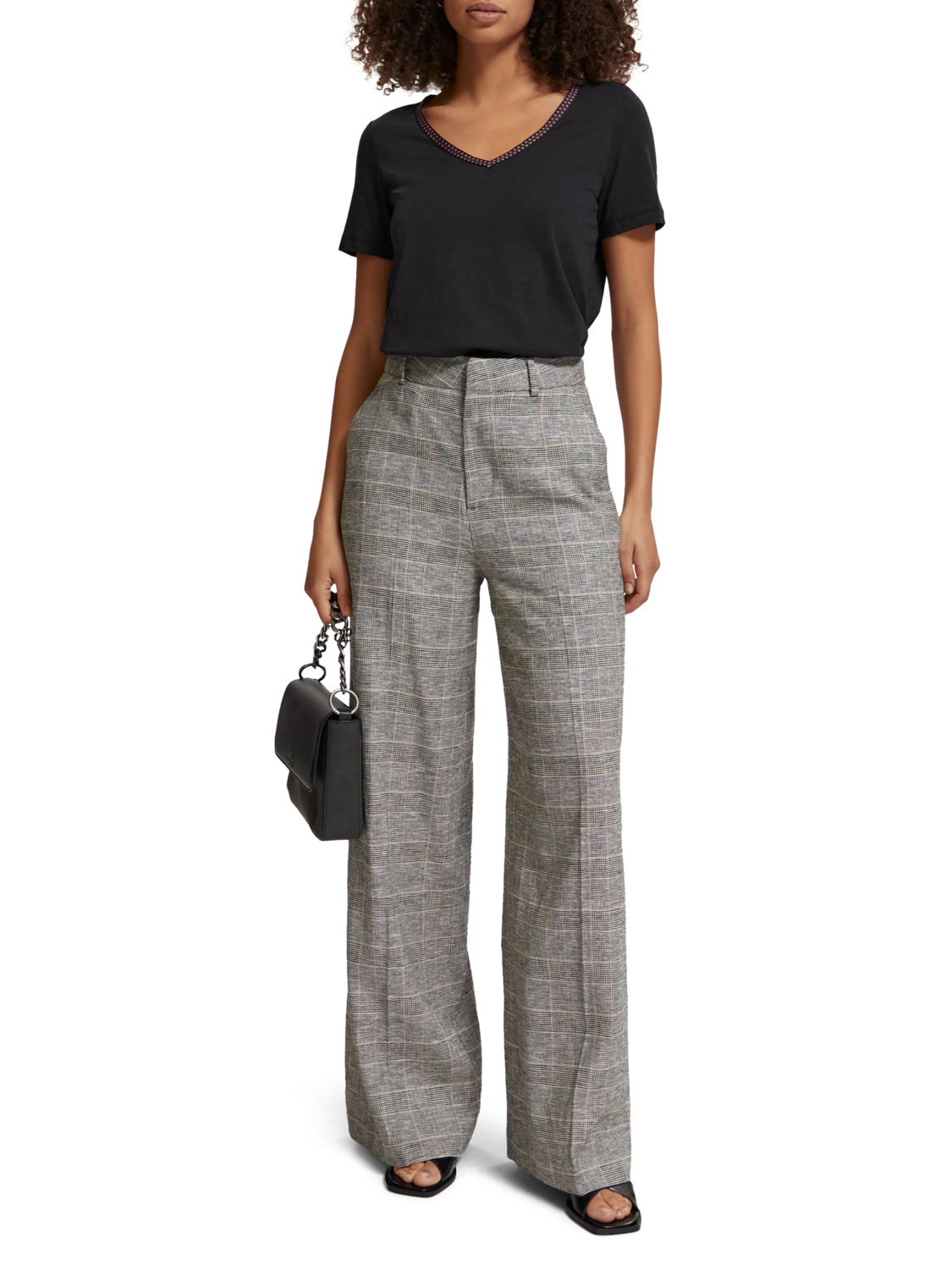 WOVEN TRIM V-NECK T-SHIRT