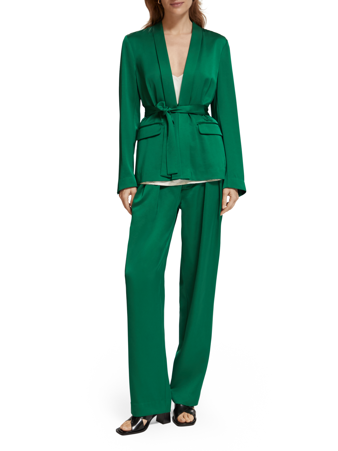 BELTED SATIN SINGLE BREASTED BLAZER