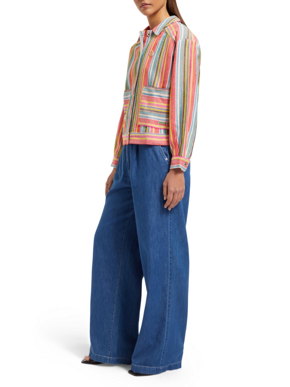 SHORT TRUCKER JACKET IN MULTI COLOUR STRIPE