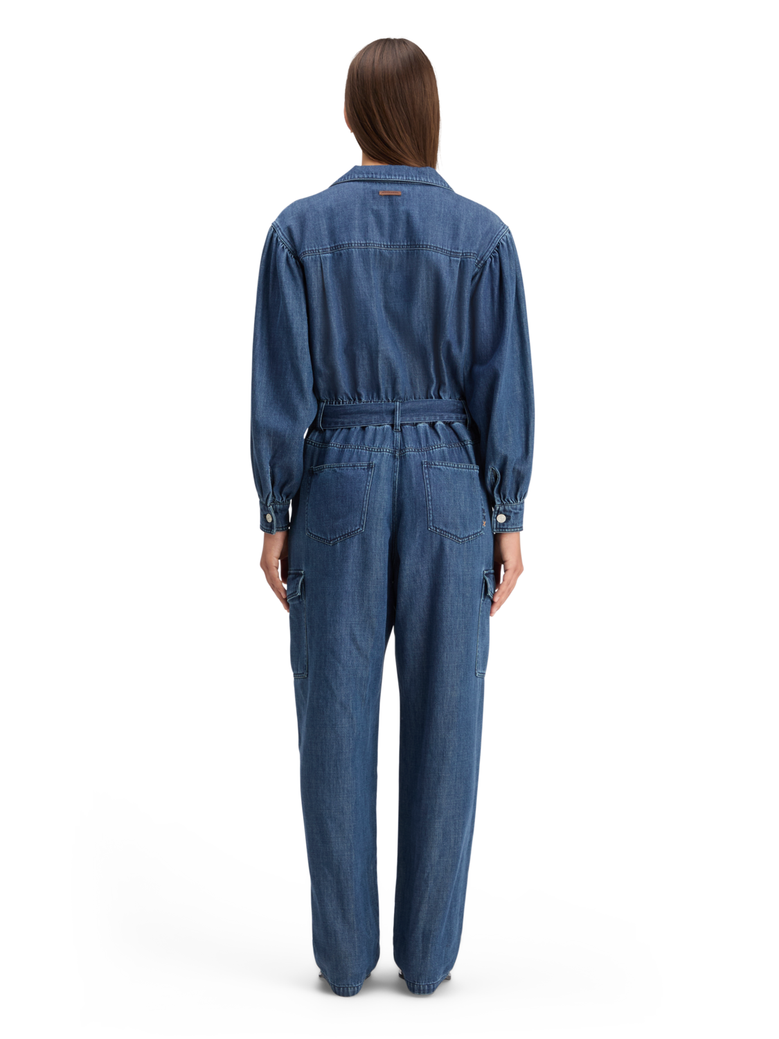 LIGHTWEIGHT DENIM JUMPSUIT IN DARK WASH WITH TONAL DETAILING