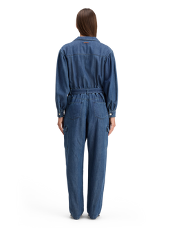 LIGHTWEIGHT DENIM JUMPSUIT IN DARK WASH WITH TONAL DETAILING