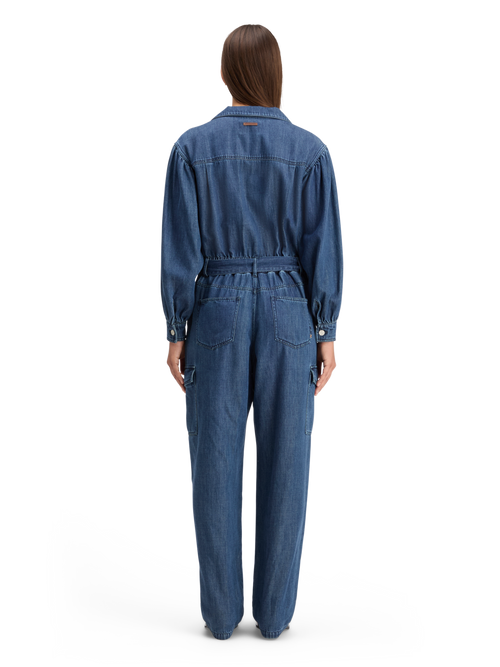 LIGHTWEIGHT DENIM JUMPSUIT IN DARK WASH WITH TONAL DETAILING