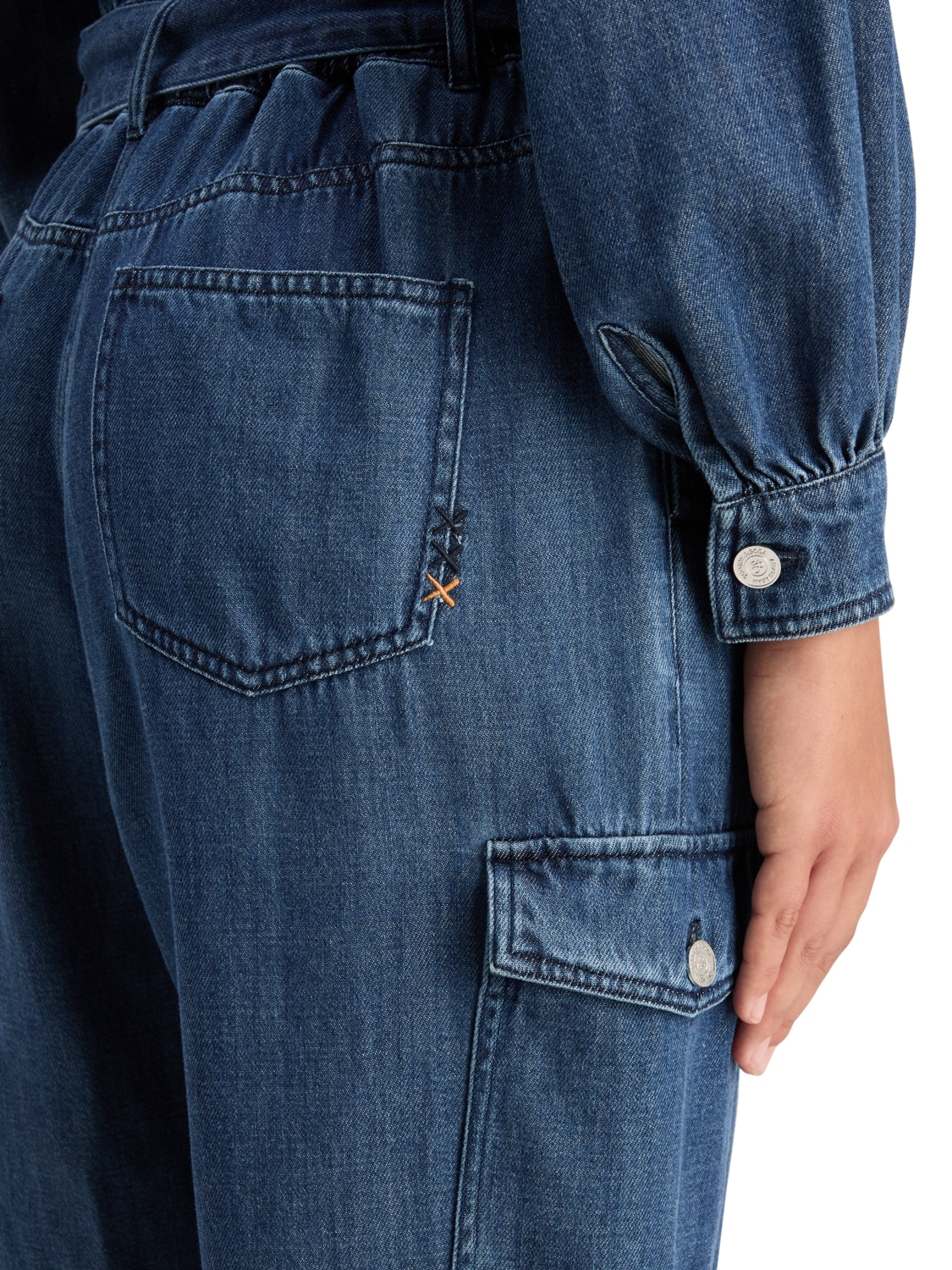 LIGHTWEIGHT DENIM JUMPSUIT IN DARK WASH WITH TONAL DETAILING