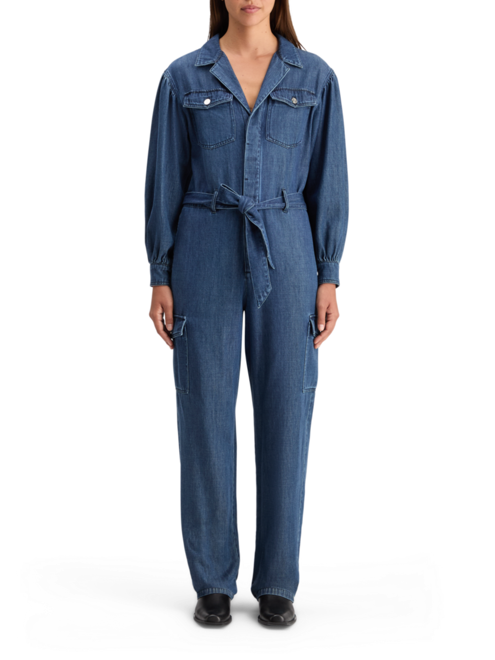 LIGHTWEIGHT DENIM JUMPSUIT IN DARK WASH WITH TONAL DETAILING