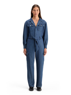 LIGHTWEIGHT DENIM JUMPSUIT IN DARK WASH WITH TONAL DETAILING