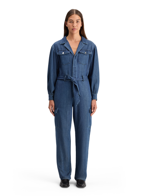 LIGHTWEIGHT DENIM JUMPSUIT IN DARK WASH WITH TONAL DETAILING