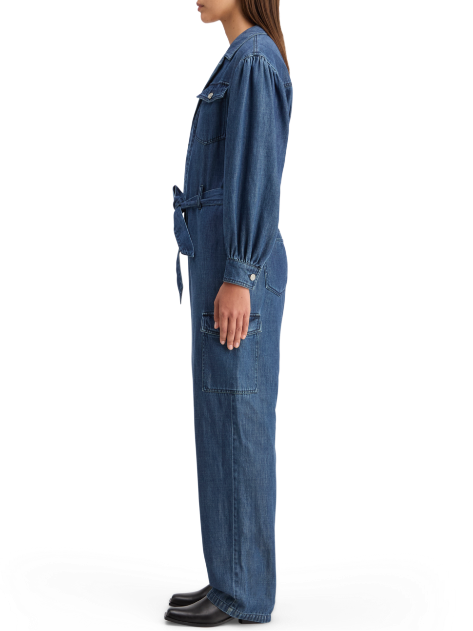 LIGHTWEIGHT DENIM JUMPSUIT IN DARK WASH WITH TONAL DETAILING
