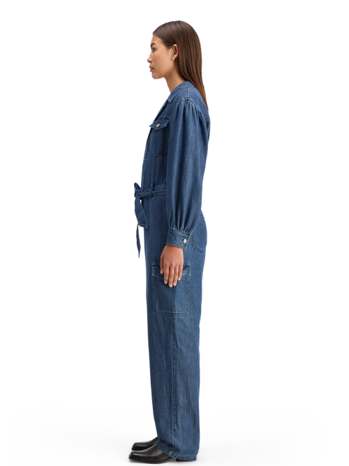 LIGHTWEIGHT DENIM JUMPSUIT IN DARK WASH WITH TONAL DETAILING