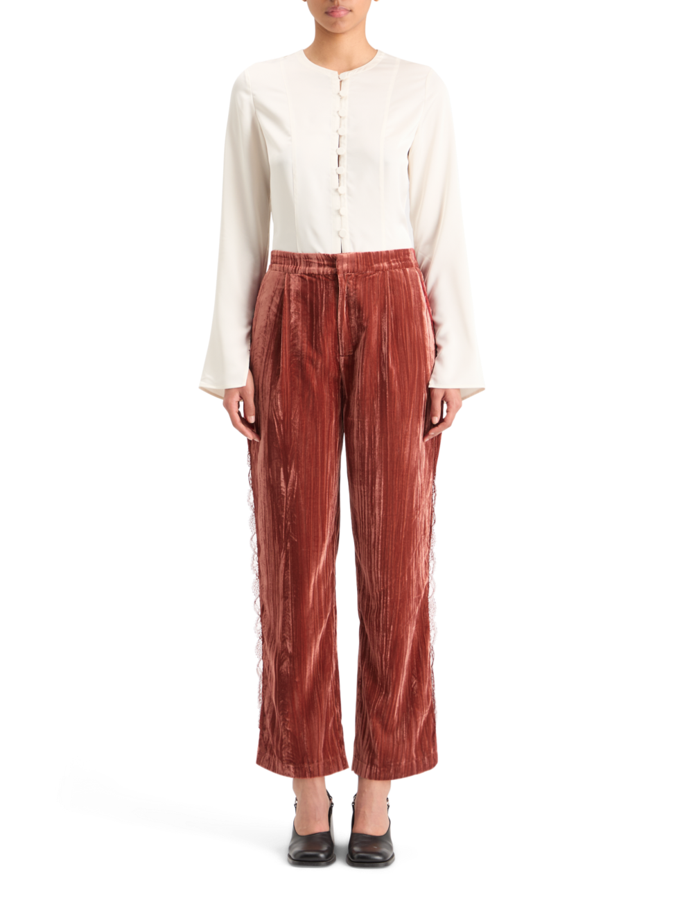 LACE TRIMMED VELVET PANT