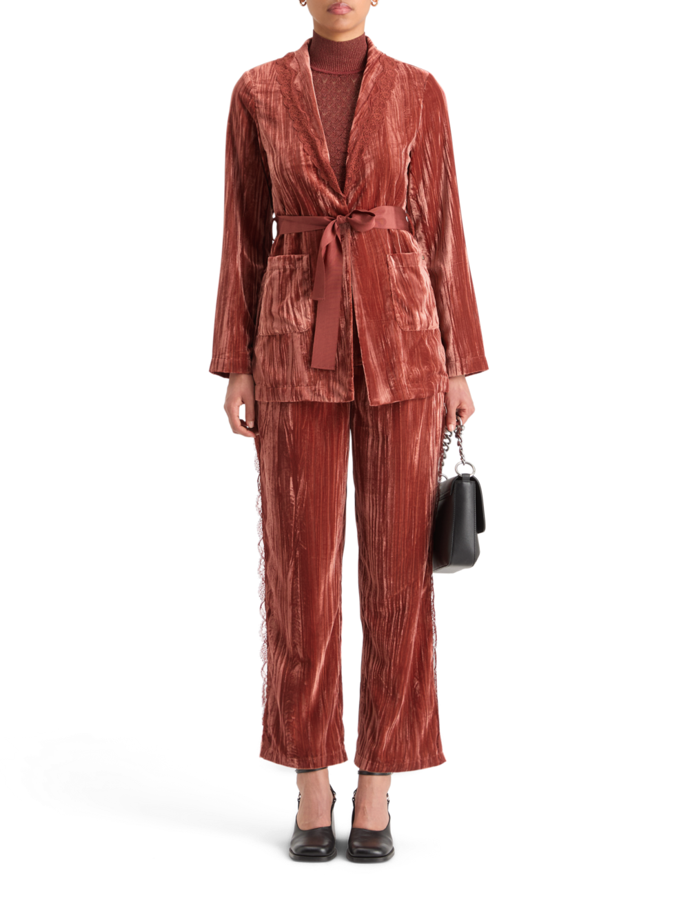 LACE TRIMMED VELVET PANT