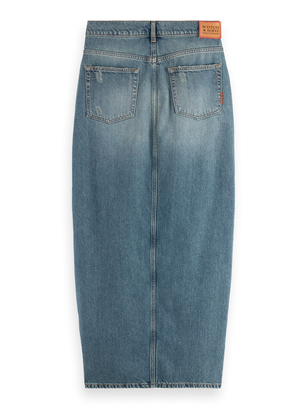LONG VINTAGE WASHED DENIM SKIRT WITH FRONT SPLIT