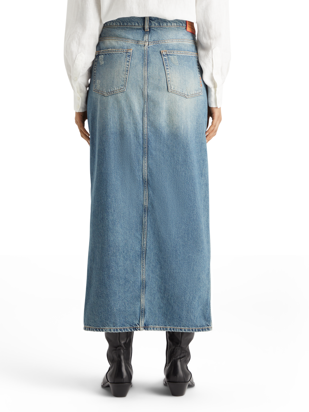 LONG VINTAGE WASHED DENIM SKIRT WITH FRONT SPLIT