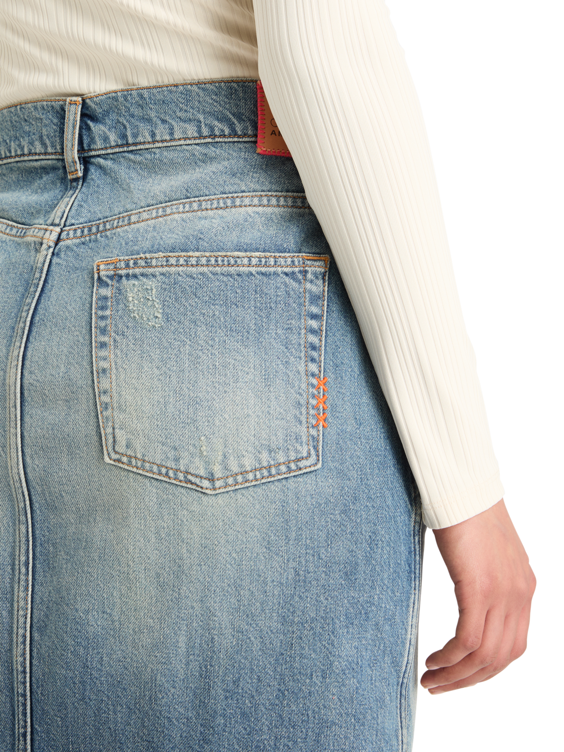 LONG VINTAGE WASHED DENIM SKIRT WITH FRONT SPLIT