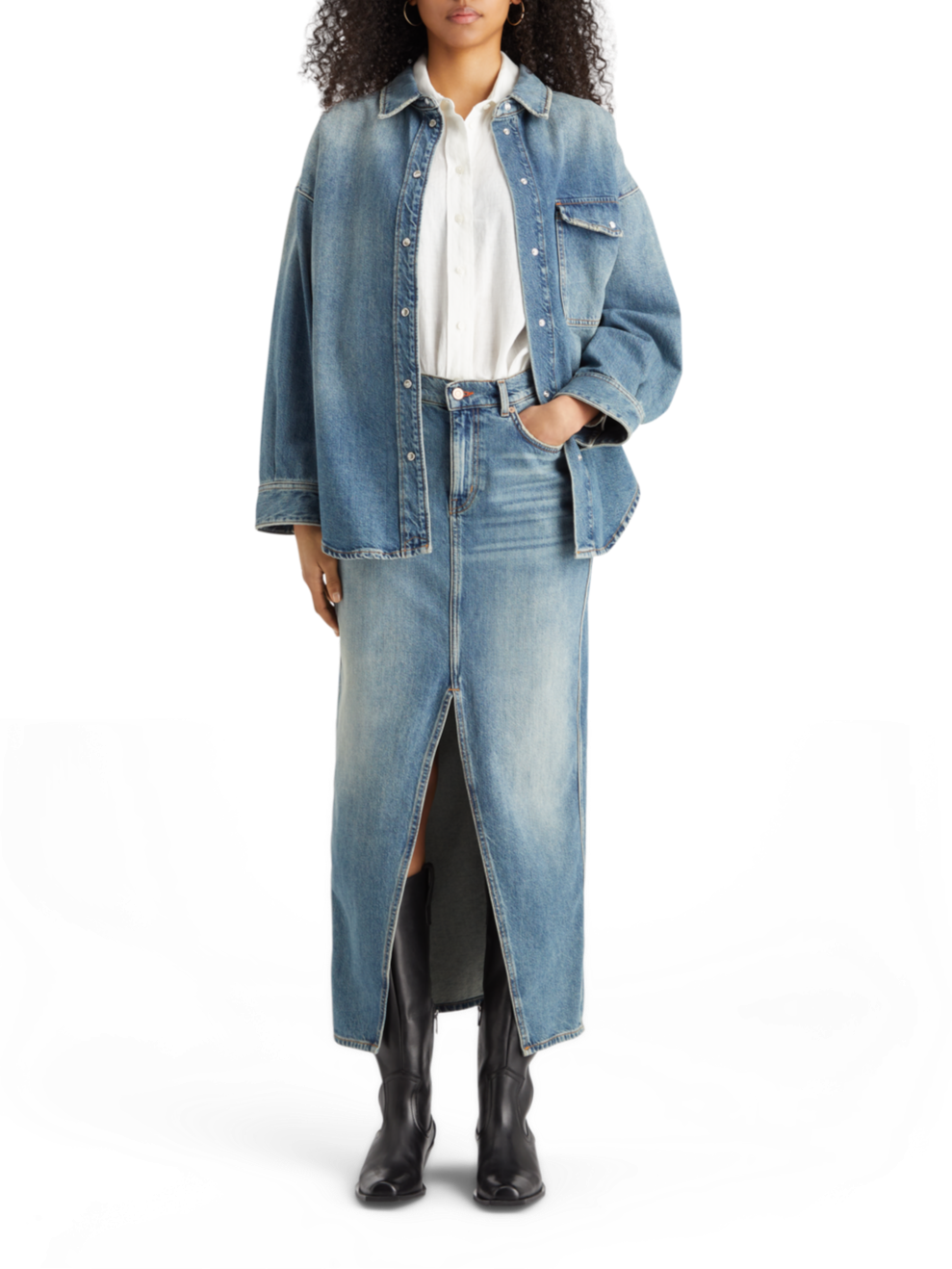 LONG VINTAGE WASHED DENIM SKIRT WITH FRONT SPLIT