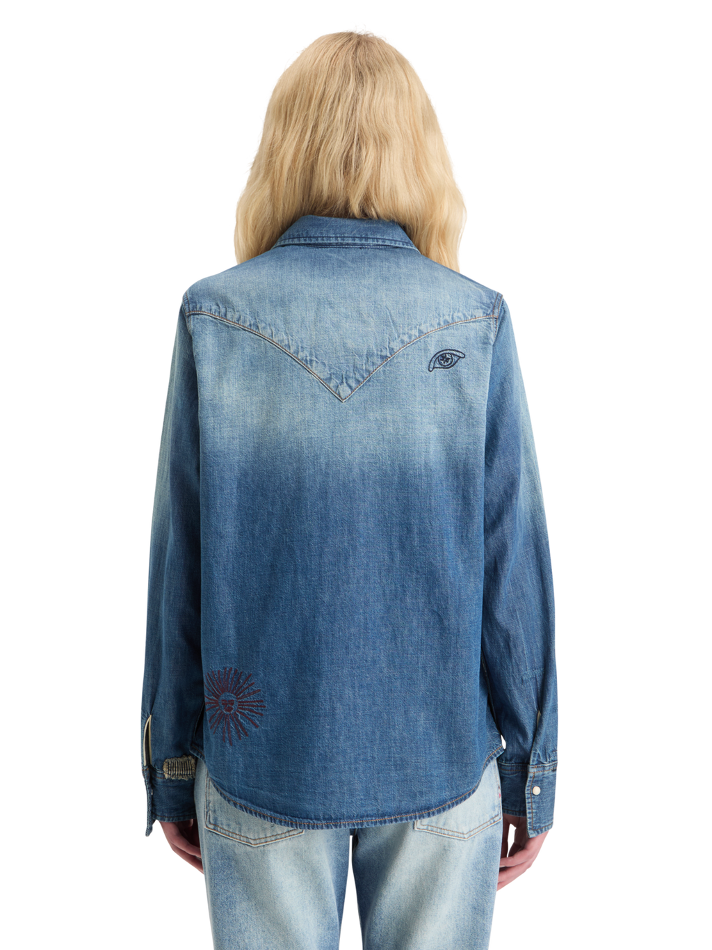WASHED REGULAR FIT DENIM WESTERN SHIRT WITH EMBROIDERIES