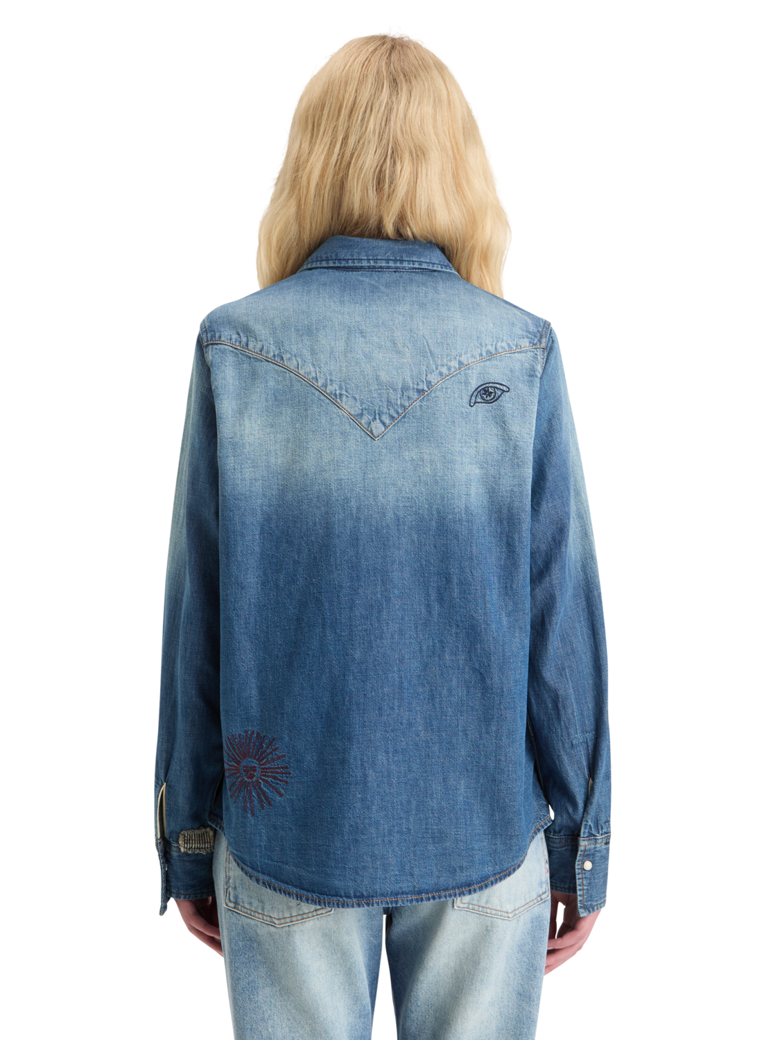 WASHED REGULAR FIT DENIM WESTERN SHIRT WITH EMBROIDERIES