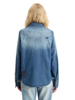 WASHED REGULAR FIT DENIM WESTERN SHIRT WITH EMBROIDERIES