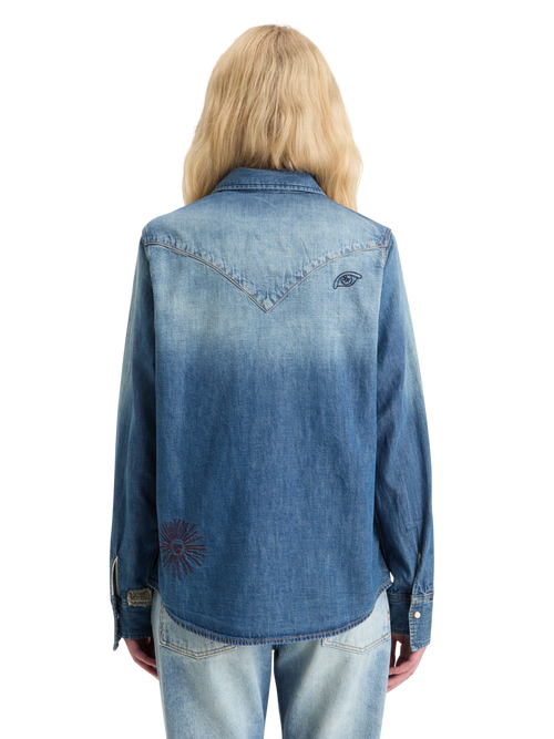 WASHED REGULAR FIT DENIM WESTERN SHIRT WITH EMBROIDERIES