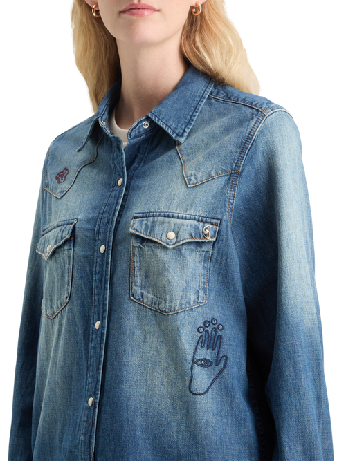 WASHED REGULAR FIT DENIM WESTERN SHIRT WITH EMBROIDERIES