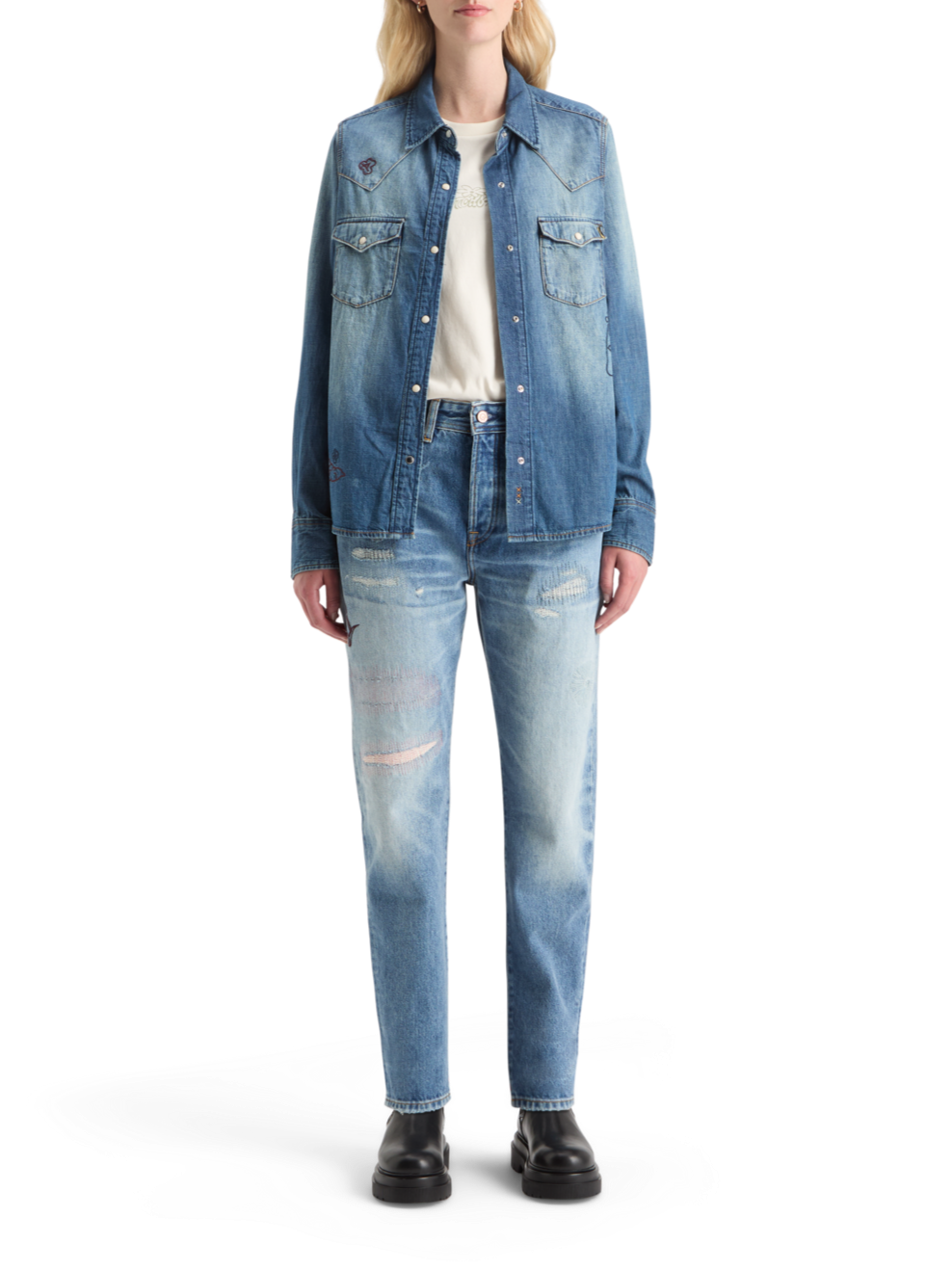 WASHED REGULAR FIT DENIM WESTERN SHIRT WITH EMBROIDERIES