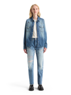 WASHED REGULAR FIT DENIM WESTERN SHIRT WITH EMBROIDERIES