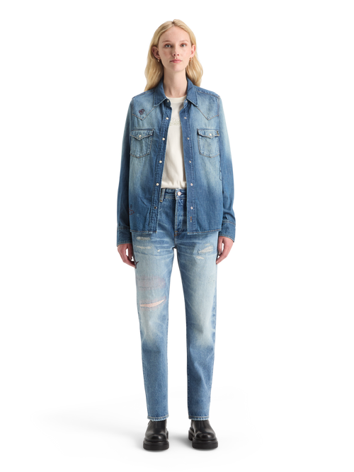 WASHED REGULAR FIT DENIM WESTERN SHIRT WITH EMBROIDERIES