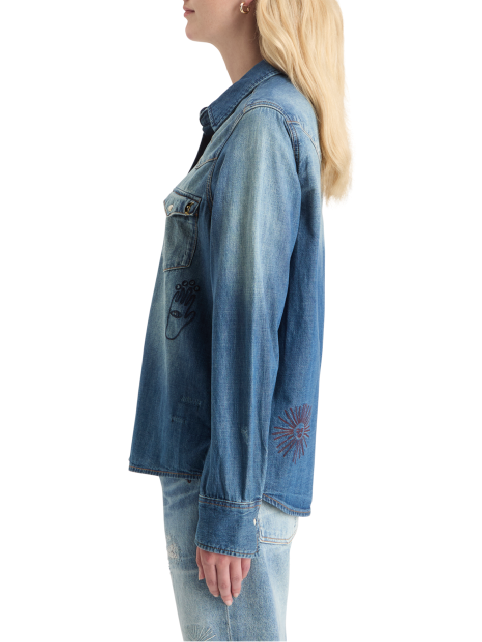WASHED REGULAR FIT DENIM WESTERN SHIRT WITH EMBROIDERIES