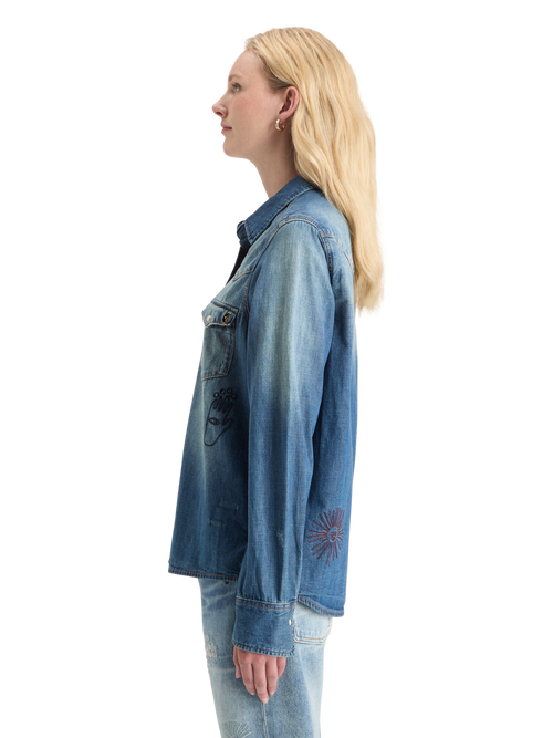 WASHED REGULAR FIT DENIM WESTERN SHIRT WITH EMBROIDERIES