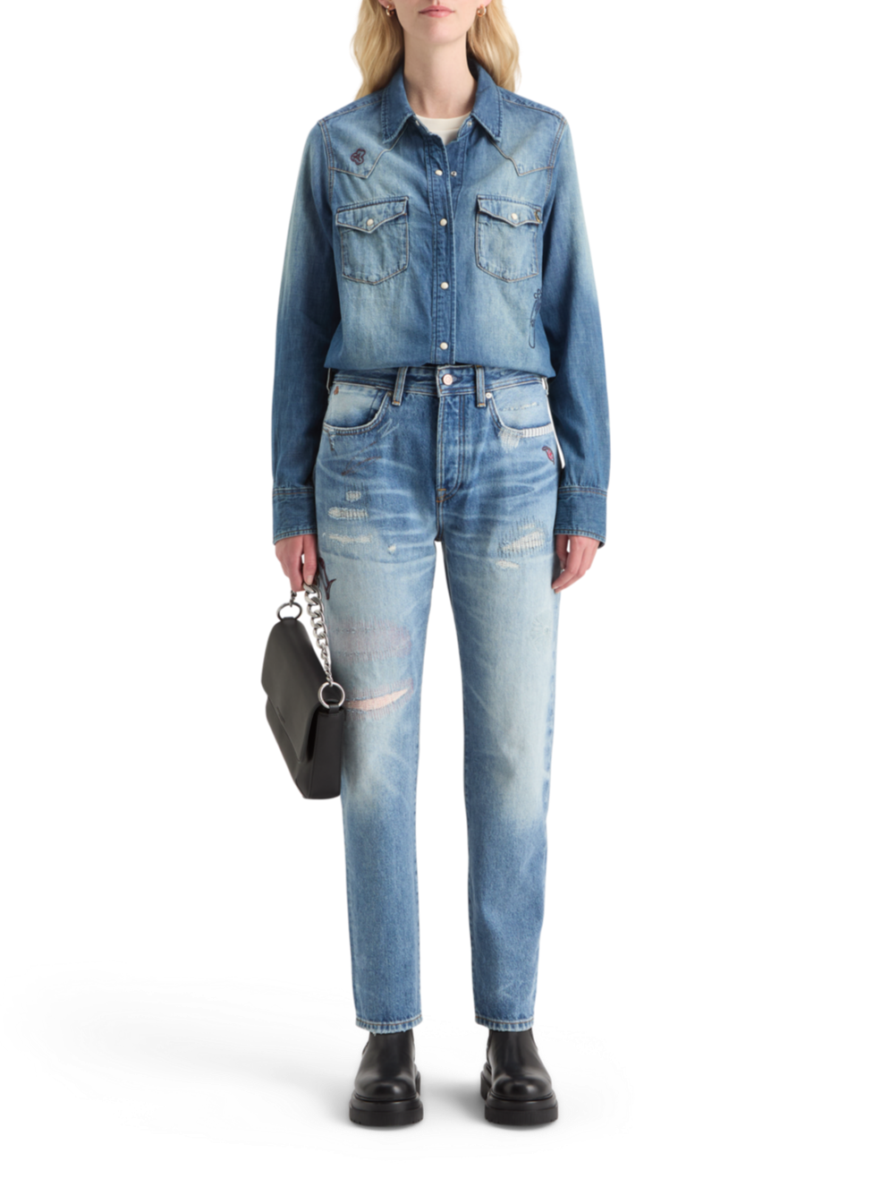 WASHED REGULAR FIT DENIM WESTERN SHIRT WITH EMBROIDERIES