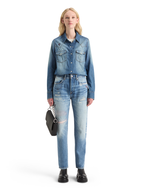 WASHED REGULAR FIT DENIM WESTERN SHIRT WITH EMBROIDERIES