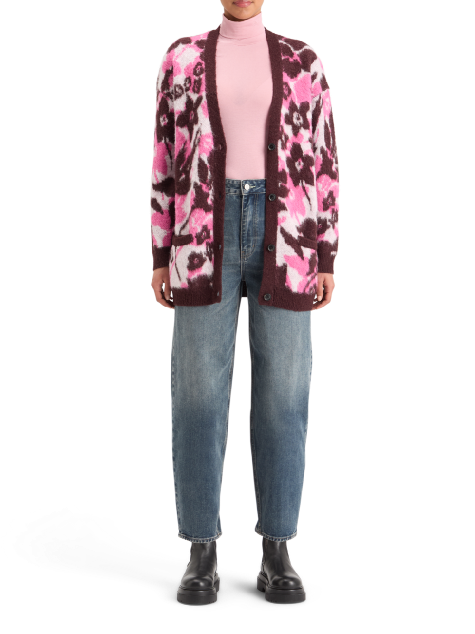 FUZZY JACQUARD MID LENGTH CARDIGAN