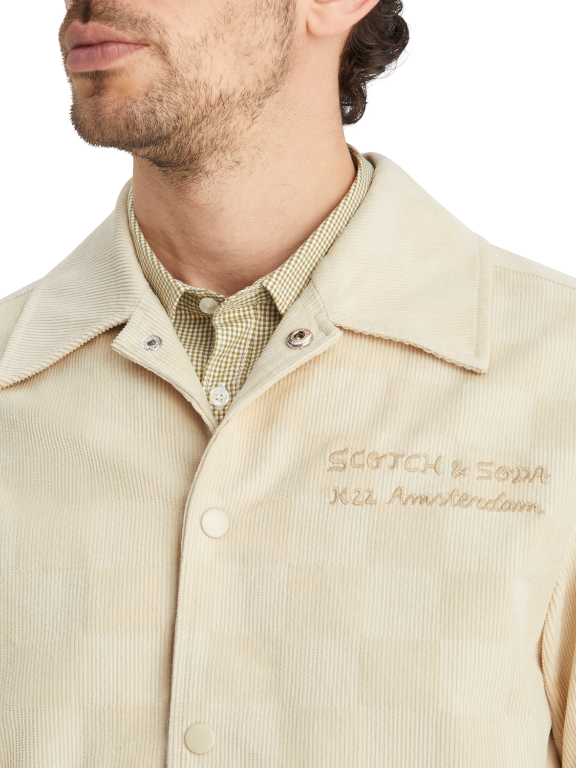 CHECK-PATTERNED CORDUROY COLLEGE JACKET
