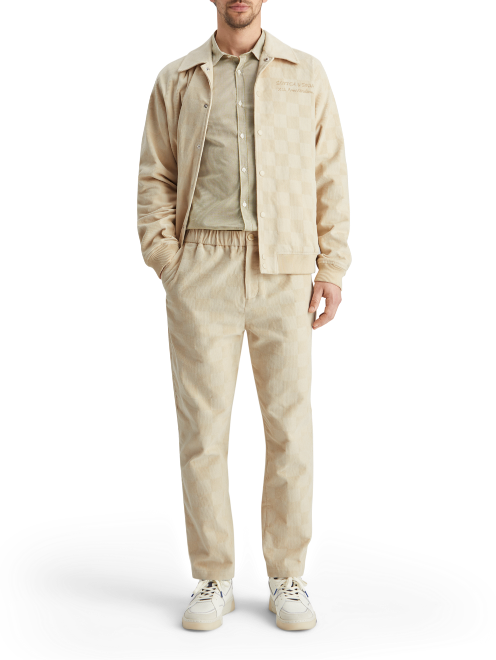 CHECK-PATTERNED CORDUROY COLLEGE JACKET
