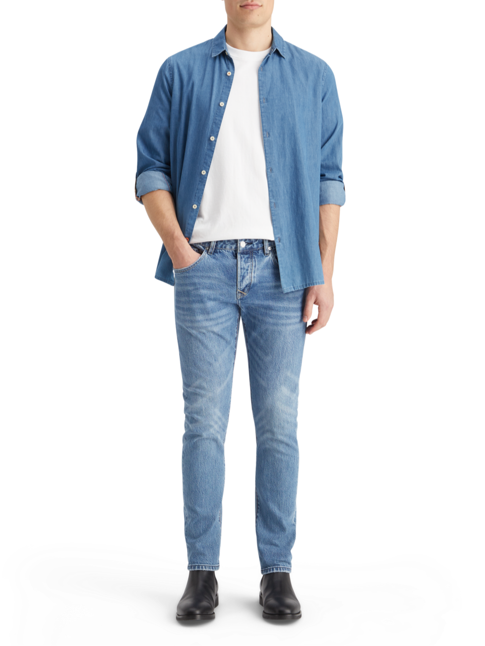 SMART INDIGO LIGHTWEIGHT DENIM SHIRT WITH SLEEVE ADJUSTERS