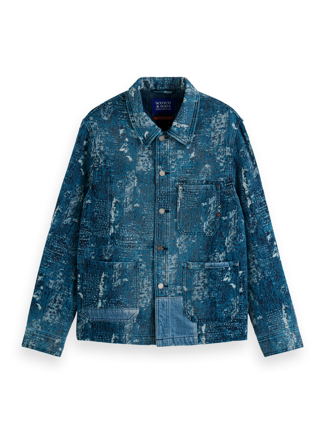 INDIGO JACQUARD DENIM WORKWEAR JACKET WITH WASH EFFECTS