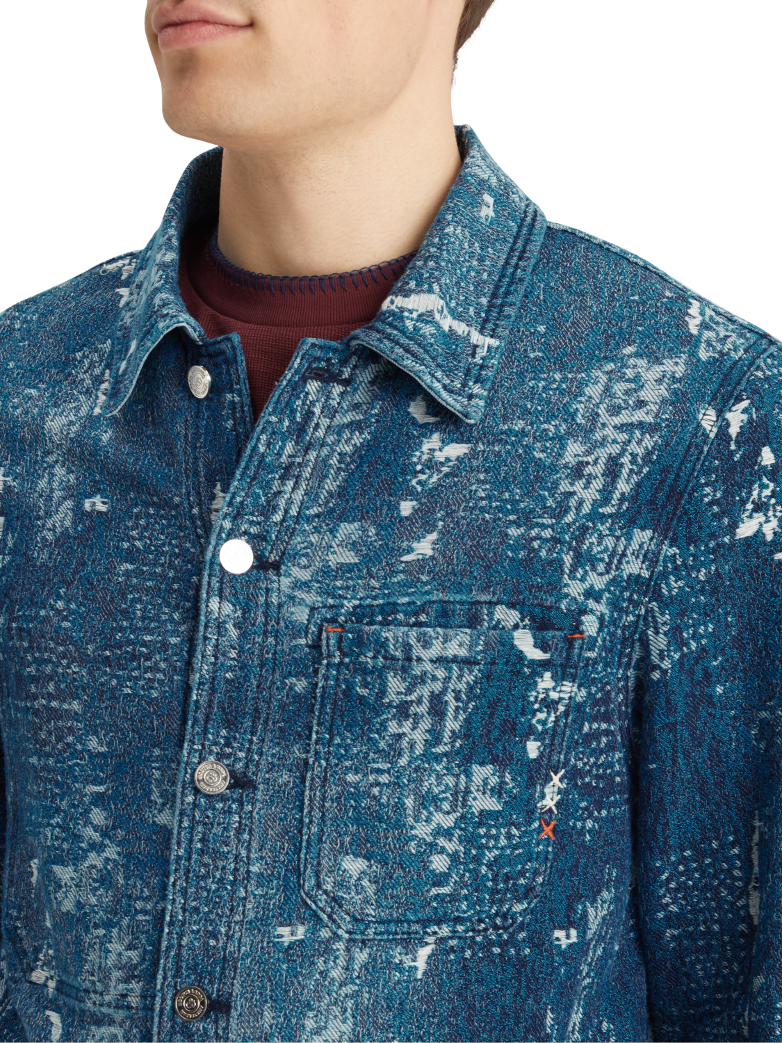 INDIGO JACQUARD DENIM WORKWEAR JACKET WITH WASH EFFECTS