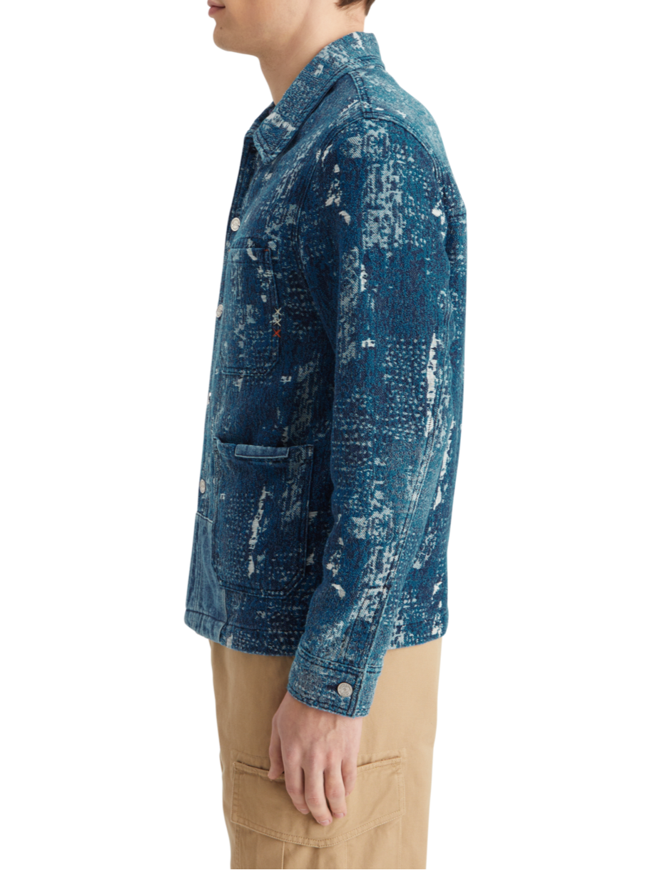 INDIGO JACQUARD DENIM WORKWEAR JACKET WITH WASH EFFECTS