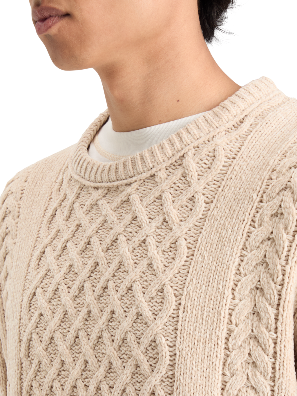 ROUND NECK EXTRA DROPPED SHOULDER CHENILLE CABLE SWEATER