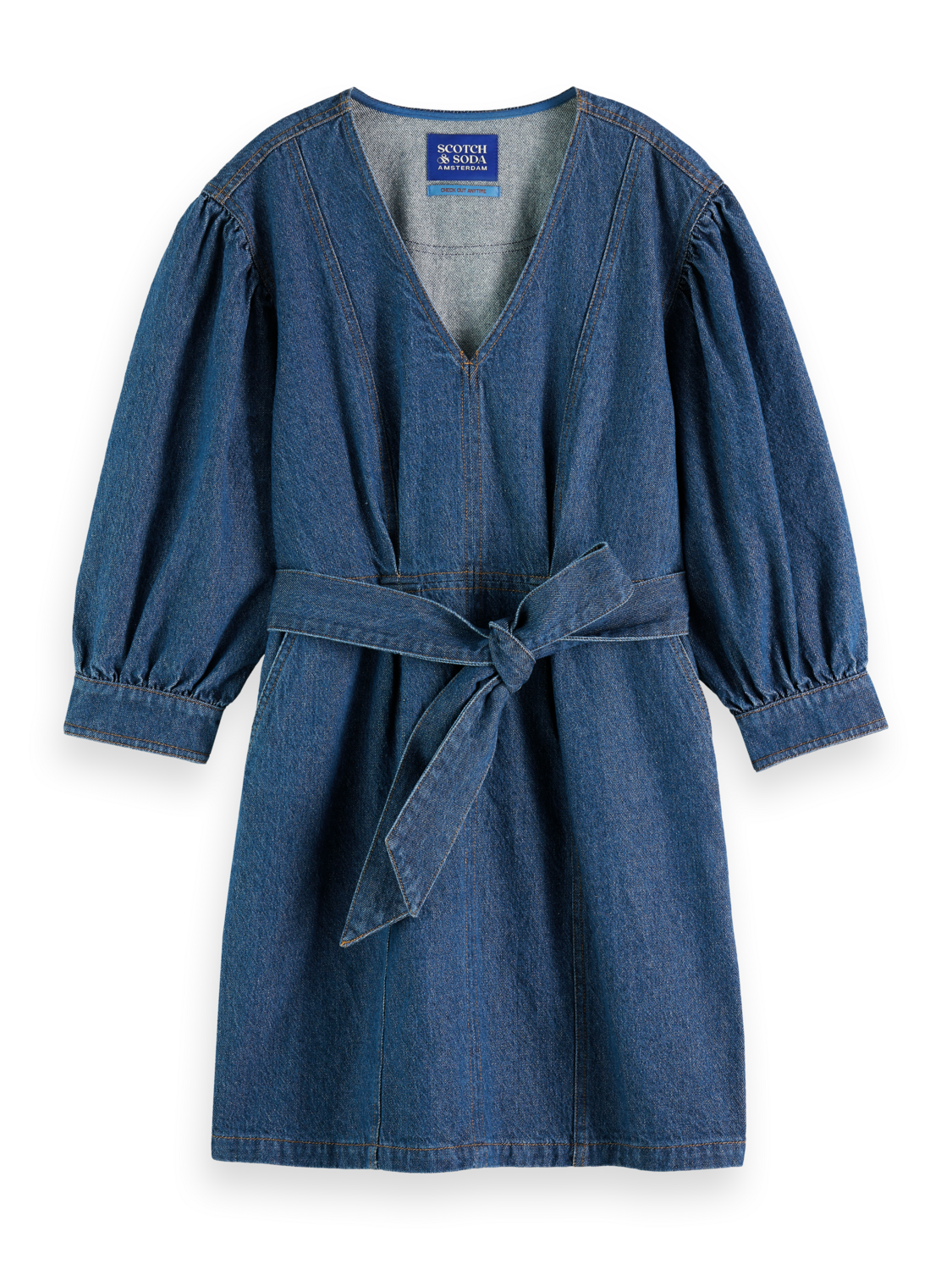 BELTED V - NECK WASHED DENIM DRESS