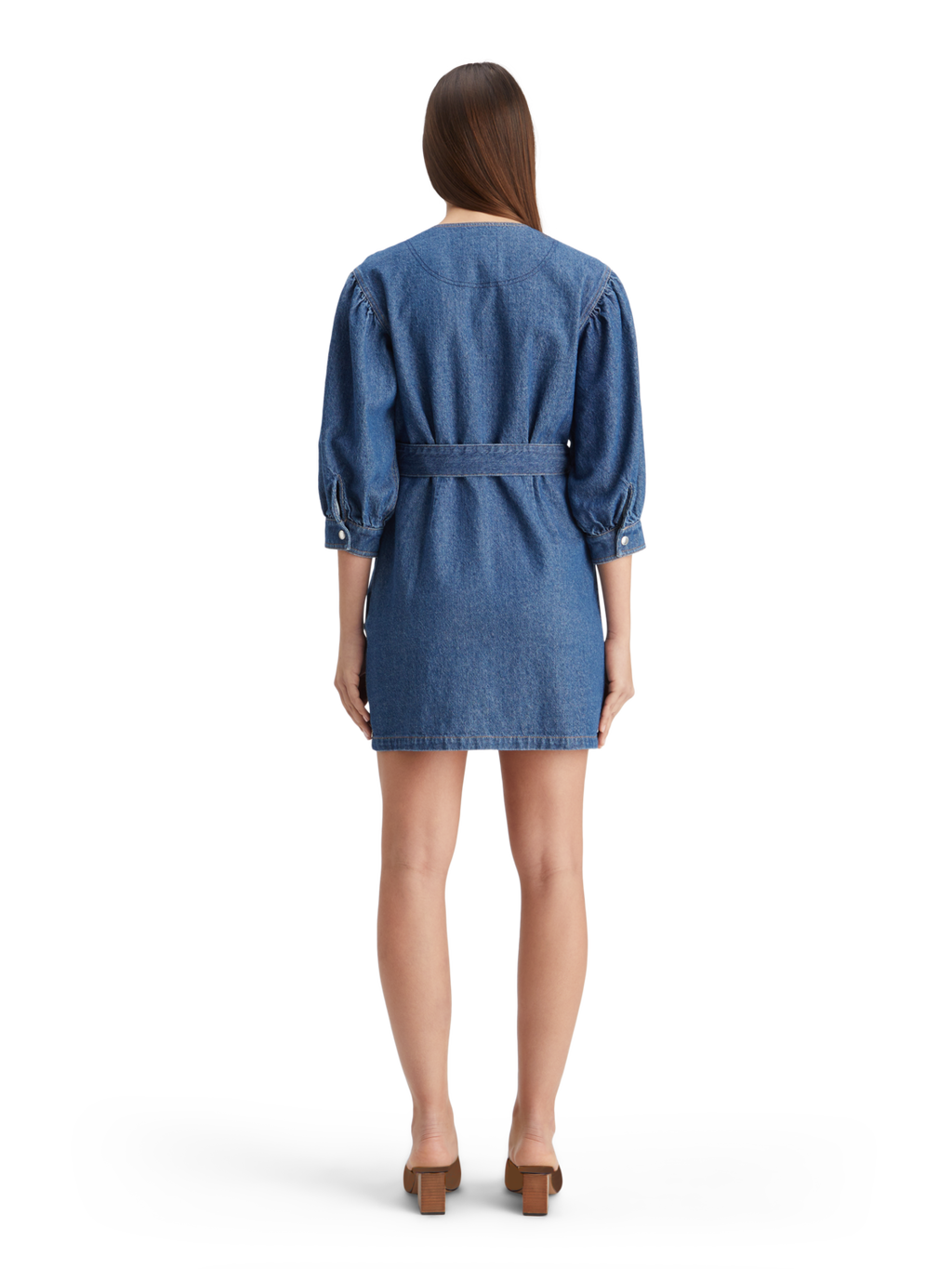 BELTED V - NECK WASHED DENIM DRESS