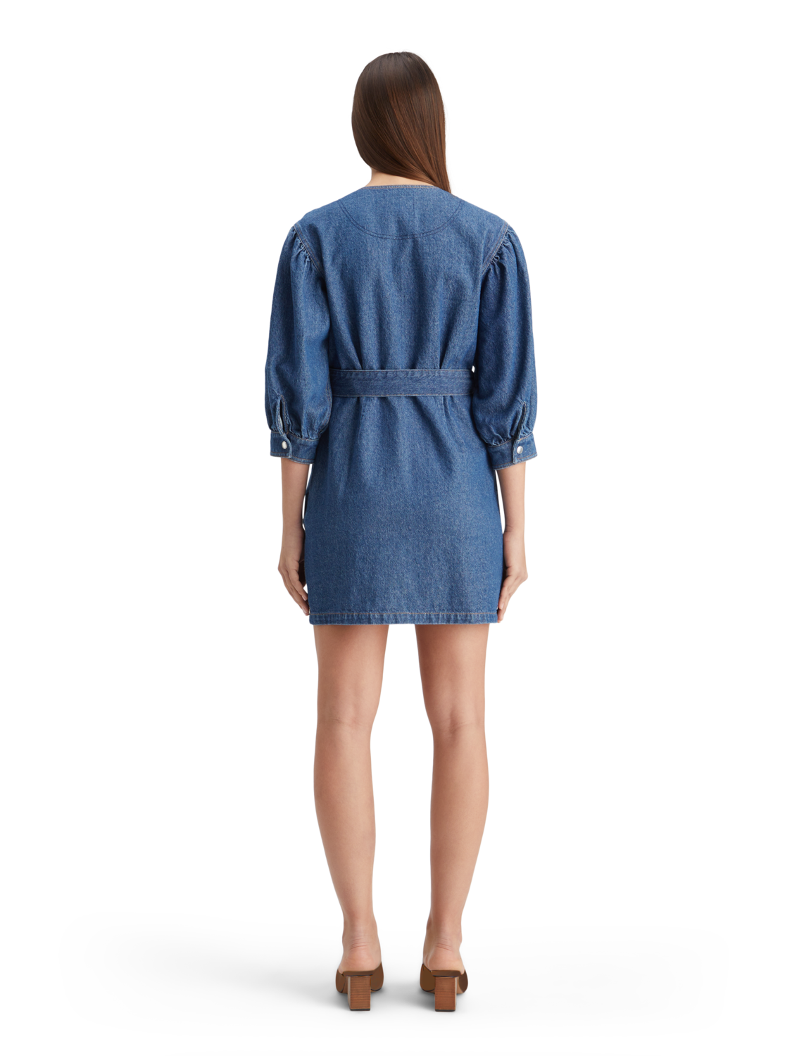 BELTED V - NECK WASHED DENIM DRESS