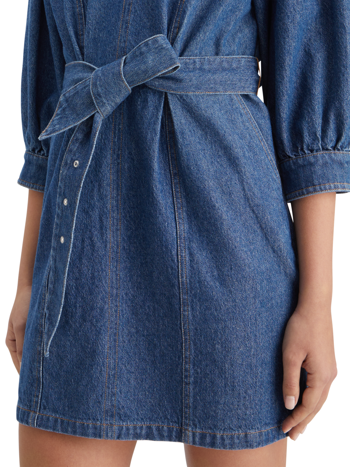 BELTED V - NECK WASHED DENIM DRESS