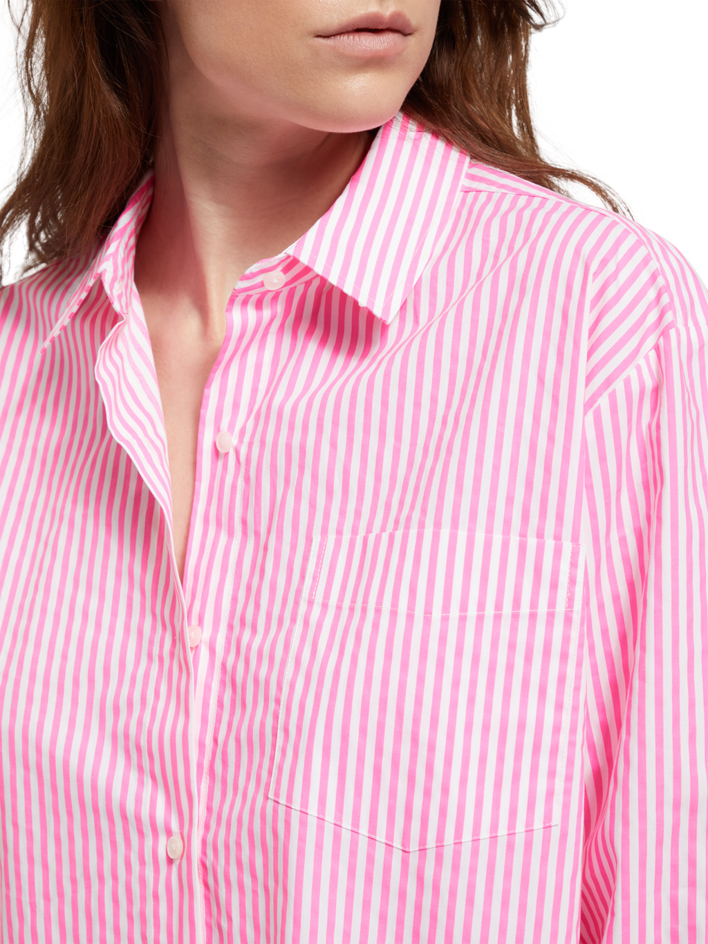 OVERSIZED POPLIN SHIRT IN FLUO PINK /WHITE STRIPE