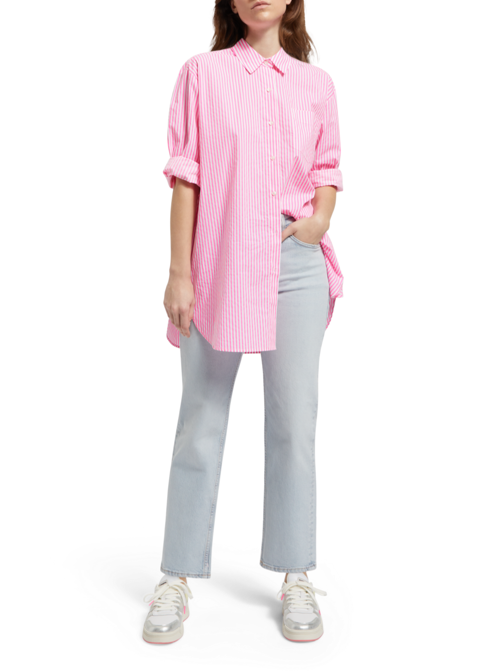 OVERSIZED POPLIN SHIRT IN FLUO PINK /WHITE STRIPE