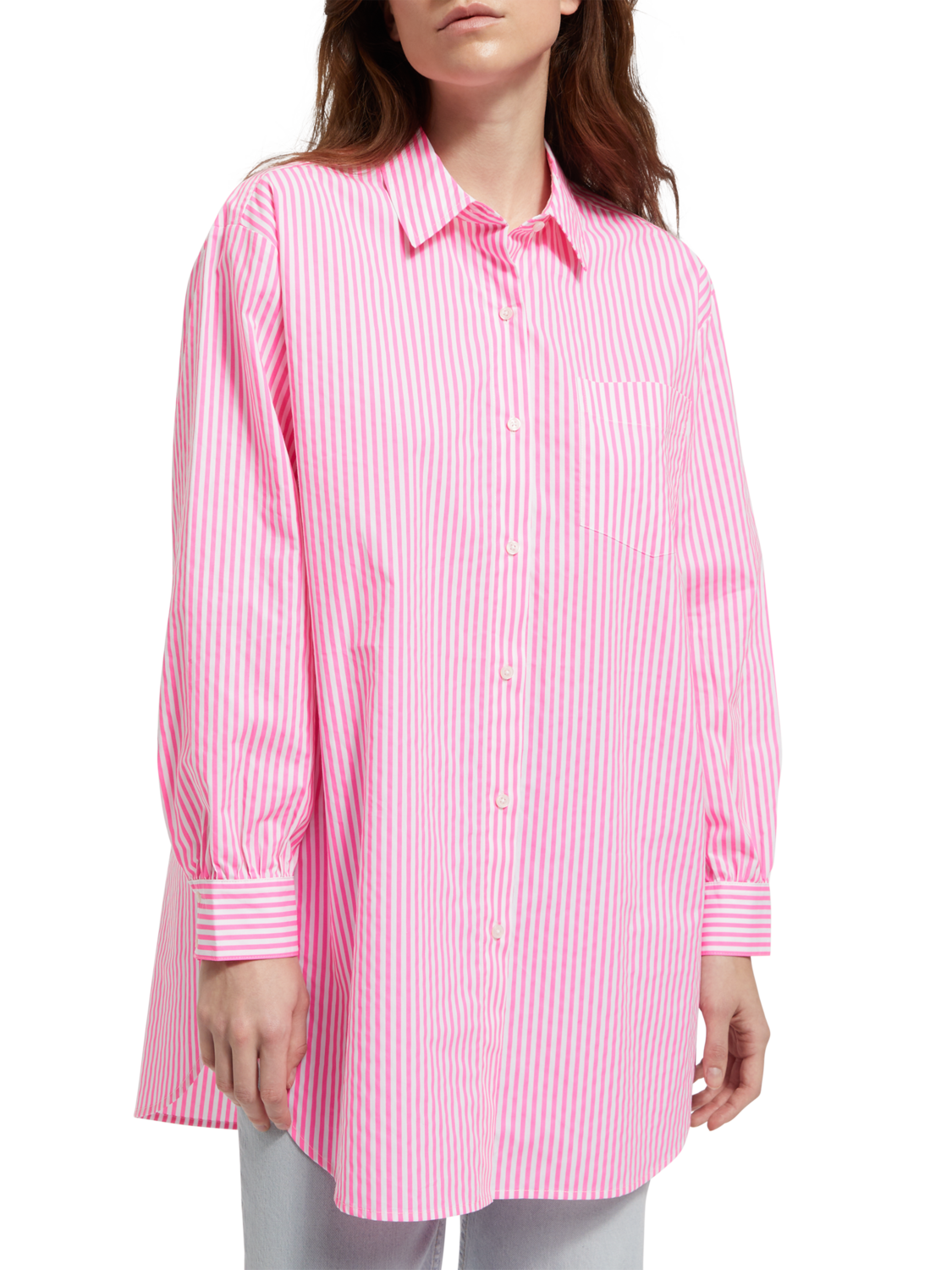 OVERSIZED POPLIN SHIRT IN FLUO PINK /WHITE STRIPE