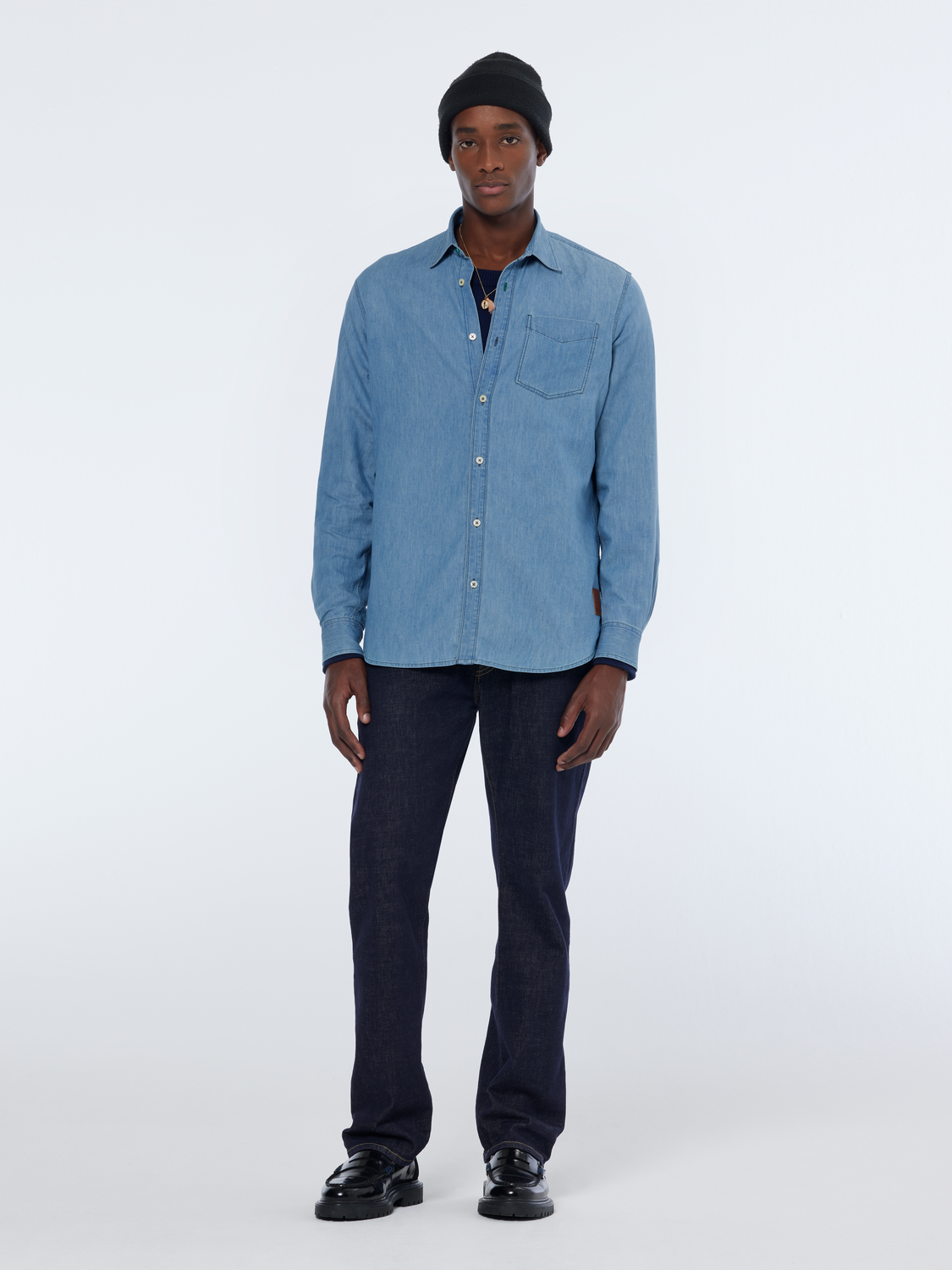 denim shirt with sleeve adjusters