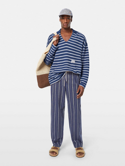 Pleated relaxed straight striped linen-blend jogger