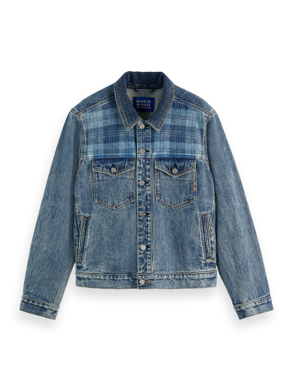 Denim trucker jacket with contrast check panelling