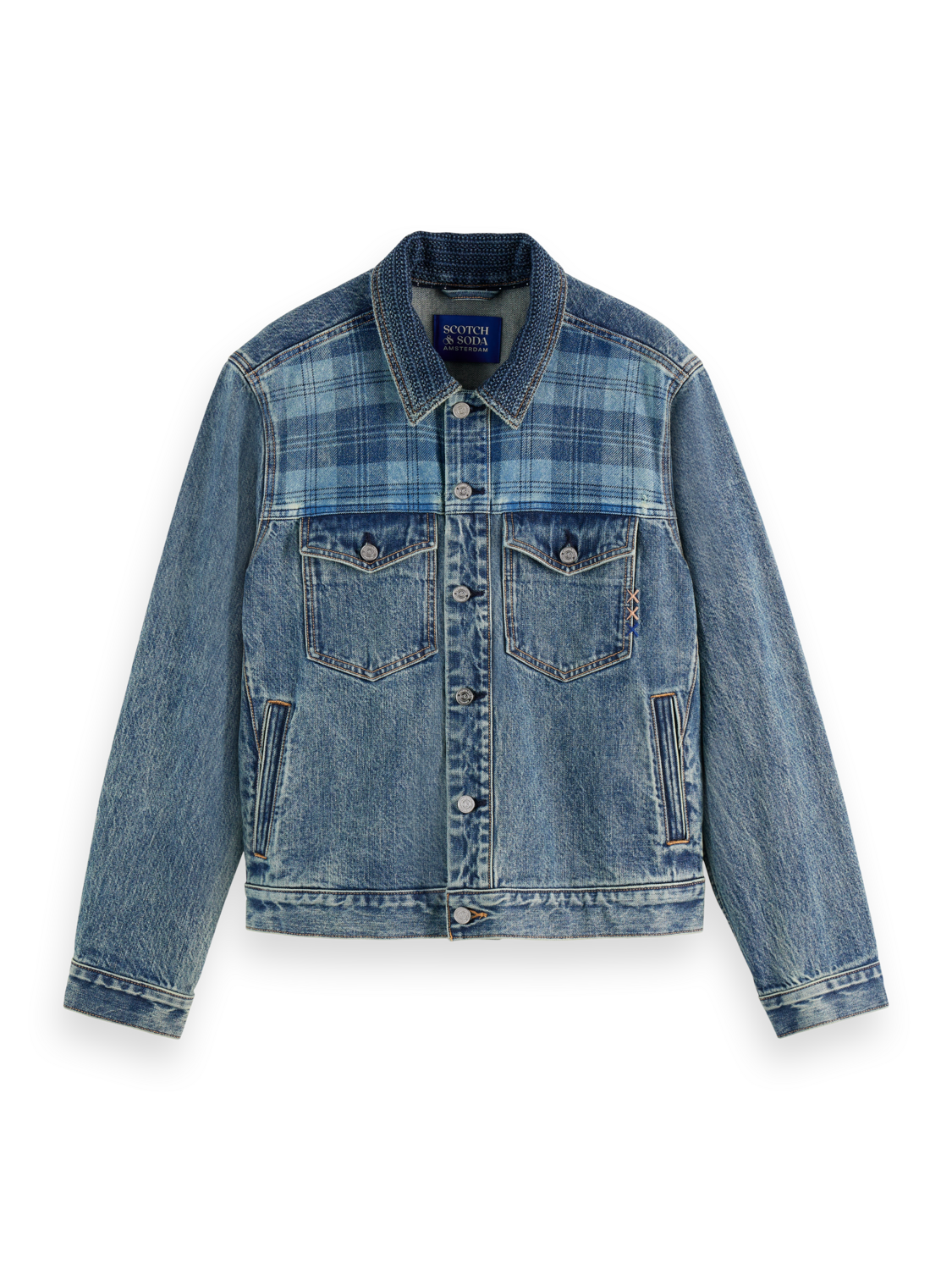Denim trucker jacket with contrast check panelling