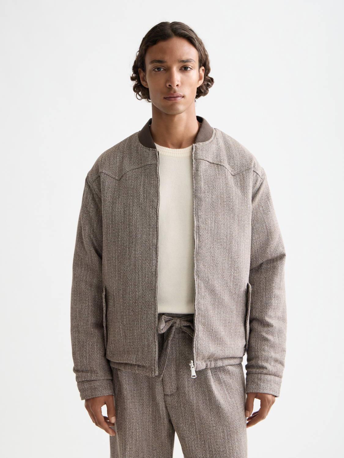 Reversible yarn-dyed padded bomber jacket